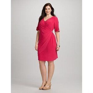Dressbarn‎ Pink Fuchsia Tab Sleeve Faux-Wrap Dress Size 16 Office Career Stretch